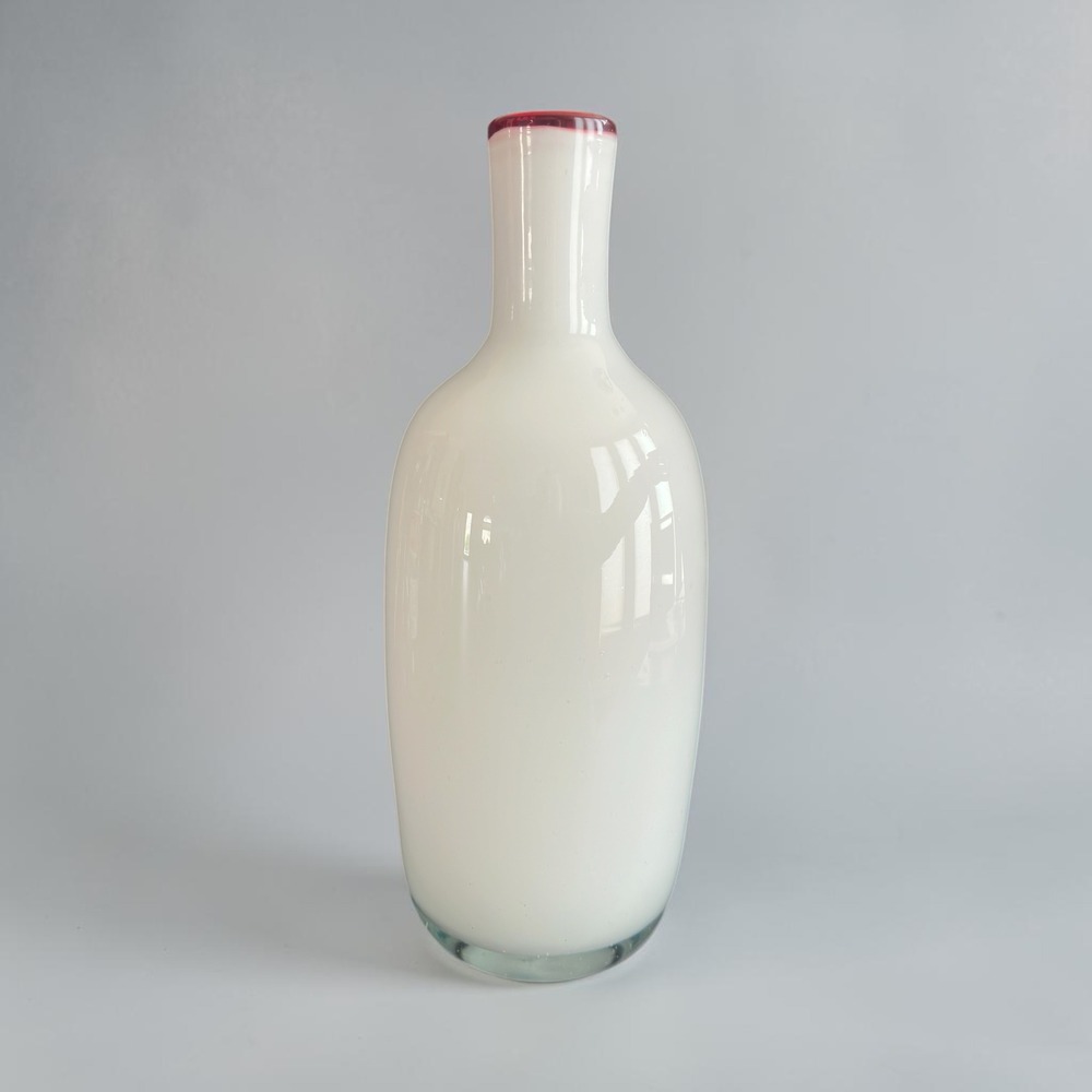 Mid Century Modern Hand Blown White Art Glass Vase Cranberry Red Rim 12"